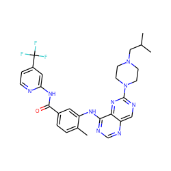 Cc1ccc(C(=O)Nc2cc(C(F)(F)F)ccn2)cc1Nc1ncnc2cnc(N3CCN(CC(C)C)CC3)nc12 ZINC000148305461