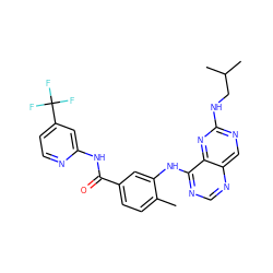 Cc1ccc(C(=O)Nc2cc(C(F)(F)F)ccn2)cc1Nc1ncnc2cnc(NCC(C)C)nc12 ZINC000148336260