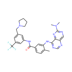 Cc1ccc(C(=O)Nc2cc(CN3CCCC3)cc(C(F)(F)F)c2)cc1Nc1ncnc2cnc(N(C)C)nc12 ZINC000148143817