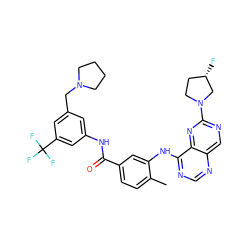 Cc1ccc(C(=O)Nc2cc(CN3CCCC3)cc(C(F)(F)F)c2)cc1Nc1ncnc2cnc(N3CC[C@H](F)C3)nc12 ZINC000148307469