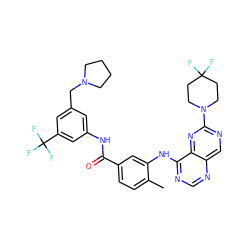 Cc1ccc(C(=O)Nc2cc(CN3CCCC3)cc(C(F)(F)F)c2)cc1Nc1ncnc2cnc(N3CCC(F)(F)CC3)nc12 ZINC000148111997