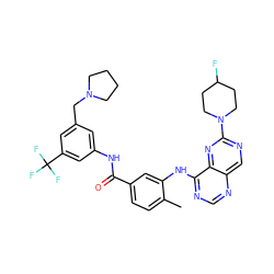 Cc1ccc(C(=O)Nc2cc(CN3CCCC3)cc(C(F)(F)F)c2)cc1Nc1ncnc2cnc(N3CCC(F)CC3)nc12 ZINC000148114037