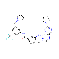 Cc1ccc(C(=O)Nc2cc(CN3CCCC3)cc(C(F)(F)F)c2)cc1Nc1ncnc2cnc(N3CCCC3)nc12 ZINC000148136183
