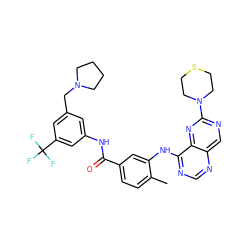 Cc1ccc(C(=O)Nc2cc(CN3CCCC3)cc(C(F)(F)F)c2)cc1Nc1ncnc2cnc(N3CCSCC3)nc12 ZINC000148105296