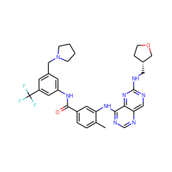 Cc1ccc(C(=O)Nc2cc(CN3CCCC3)cc(C(F)(F)F)c2)cc1Nc1ncnc2cnc(NC[C@@H]3CCOC3)nc12 ZINC000148115715