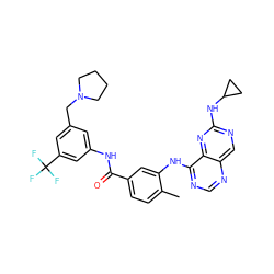 Cc1ccc(C(=O)Nc2cc(CN3CCCC3)cc(C(F)(F)F)c2)cc1Nc1ncnc2cnc(NC3CC3)nc12 ZINC000148138103