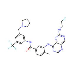 Cc1ccc(C(=O)Nc2cc(CN3CCCC3)cc(C(F)(F)F)c2)cc1Nc1ncnc2cnc(NCCF)nc12 ZINC000148109621