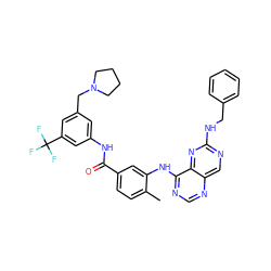 Cc1ccc(C(=O)Nc2cc(CN3CCCC3)cc(C(F)(F)F)c2)cc1Nc1ncnc2cnc(NCc3ccccc3)nc12 ZINC000148116719