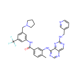 Cc1ccc(C(=O)Nc2cc(CN3CCCC3)cc(C(F)(F)F)c2)cc1Nc1ncnc2cnc(NCc3cccnc3)nc12 ZINC000148129643