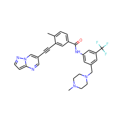 Cc1ccc(C(=O)Nc2cc(CN3CCN(C)CC3)cc(C(F)(F)F)c2)cc1C#Cc1cnc2ccnn2c1 ZINC000095586505