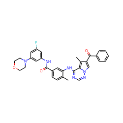 Cc1ccc(C(=O)Nc2cc(F)cc(N3CCOCC3)c2)cc1Nc1ncnn2cc(C(=O)c3ccccc3)c(C)c12 ZINC000072176800