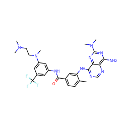 Cc1ccc(C(=O)Nc2cc(N(C)CCN(C)C)cc(C(F)(F)F)c2)cc1Nc1ncnc2c(N)nc(N(C)C)nc12 ZINC000148052643