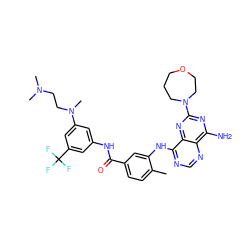 Cc1ccc(C(=O)Nc2cc(N(C)CCN(C)C)cc(C(F)(F)F)c2)cc1Nc1ncnc2c(N)nc(N3CCCOCC3)nc12 ZINC000165256574