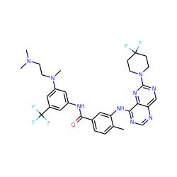 Cc1ccc(C(=O)Nc2cc(N(C)CCN(C)C)cc(C(F)(F)F)c2)cc1Nc1ncnc2cnc(N3CCC(F)(F)CC3)nc12 ZINC000165265208