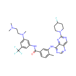 Cc1ccc(C(=O)Nc2cc(N(C)CCN(C)C)cc(C(F)(F)F)c2)cc1Nc1ncnc2cnc(N3CCC(F)CC3)nc12 ZINC000148167859