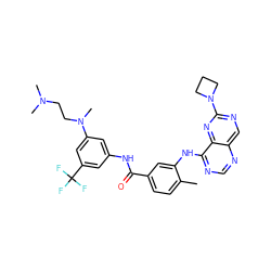 Cc1ccc(C(=O)Nc2cc(N(C)CCN(C)C)cc(C(F)(F)F)c2)cc1Nc1ncnc2cnc(N3CCC3)nc12 ZINC000148167342