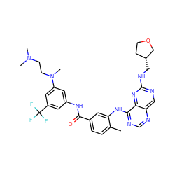 Cc1ccc(C(=O)Nc2cc(N(C)CCN(C)C)cc(C(F)(F)F)c2)cc1Nc1ncnc2cnc(NC[C@@H]3CCOC3)nc12 ZINC000148168060