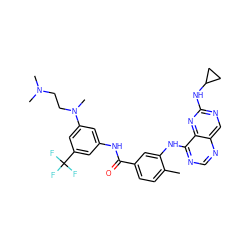 Cc1ccc(C(=O)Nc2cc(N(C)CCN(C)C)cc(C(F)(F)F)c2)cc1Nc1ncnc2cnc(NC3CC3)nc12 ZINC000148170580