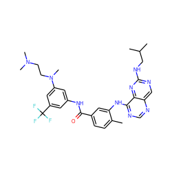 Cc1ccc(C(=O)Nc2cc(N(C)CCN(C)C)cc(C(F)(F)F)c2)cc1Nc1ncnc2cnc(NCC(C)C)nc12 ZINC000148170787