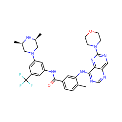 Cc1ccc(C(=O)Nc2cc(N3C[C@H](C)N[C@H](C)C3)cc(C(F)(F)F)c2)cc1Nc1ncnc2cnc(N3CCOCC3)nc12 ZINC000148341960
