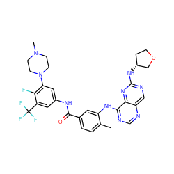 Cc1ccc(C(=O)Nc2cc(N3CCN(C)CC3)c(F)c(C(F)(F)F)c2)cc1Nc1ncnc2cnc(N[C@@H]3CCOC3)nc12 ZINC000148330111