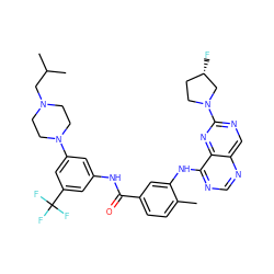 Cc1ccc(C(=O)Nc2cc(N3CCN(CC(C)C)CC3)cc(C(F)(F)F)c2)cc1Nc1ncnc2cnc(N3CC[C@H](F)C3)nc12 ZINC000165276863