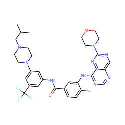 Cc1ccc(C(=O)Nc2cc(N3CCN(CC(C)C)CC3)cc(C(F)(F)F)c2)cc1Nc1ncnc2cnc(N3CCOCC3)nc12 ZINC000165277548