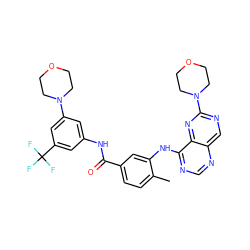 Cc1ccc(C(=O)Nc2cc(N3CCOCC3)cc(C(F)(F)F)c2)cc1Nc1ncnc2cnc(N3CCOCC3)nc12 ZINC000148342729