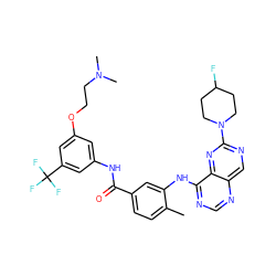 Cc1ccc(C(=O)Nc2cc(OCCN(C)C)cc(C(F)(F)F)c2)cc1Nc1ncnc2cnc(N3CCC(F)CC3)nc12 ZINC000148161525