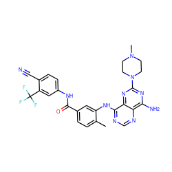 Cc1ccc(C(=O)Nc2ccc(C#N)c(C(F)(F)F)c2)cc1Nc1ncnc2c(N)nc(N3CCN(C)CC3)nc12 ZINC000148050617
