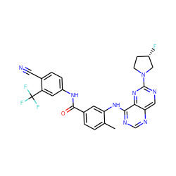 Cc1ccc(C(=O)Nc2ccc(C#N)c(C(F)(F)F)c2)cc1Nc1ncnc2cnc(N3CC[C@H](F)C3)nc12 ZINC000148233755