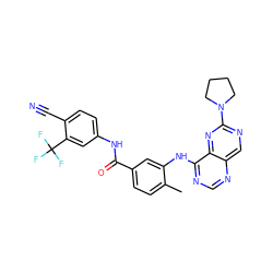 Cc1ccc(C(=O)Nc2ccc(C#N)c(C(F)(F)F)c2)cc1Nc1ncnc2cnc(N3CCCC3)nc12 ZINC000148226692