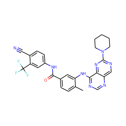 Cc1ccc(C(=O)Nc2ccc(C#N)c(C(F)(F)F)c2)cc1Nc1ncnc2cnc(N3CCCCC3)nc12 ZINC000148247553