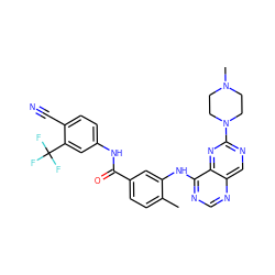 Cc1ccc(C(=O)Nc2ccc(C#N)c(C(F)(F)F)c2)cc1Nc1ncnc2cnc(N3CCN(C)CC3)nc12 ZINC000148240126