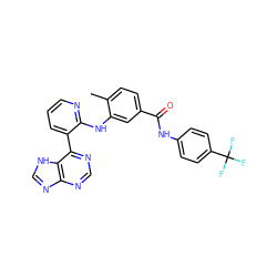 Cc1ccc(C(=O)Nc2ccc(C(F)(F)F)cc2)cc1Nc1ncccc1-c1ncnc2nc[nH]c12 ZINC000215327945