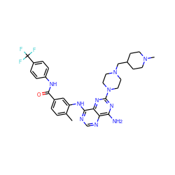 Cc1ccc(C(=O)Nc2ccc(C(F)(F)F)cc2)cc1Nc1ncnc2c(N)nc(N3CCN(CC4CCN(C)CC4)CC3)nc12 ZINC000140578321