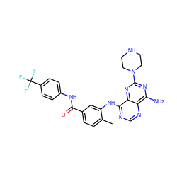 Cc1ccc(C(=O)Nc2ccc(C(F)(F)F)cc2)cc1Nc1ncnc2c(N)nc(N3CCNCC3)nc12 ZINC000148026619