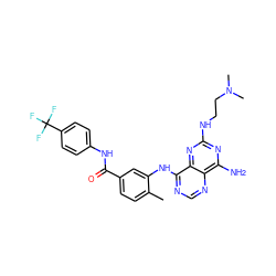 Cc1ccc(C(=O)Nc2ccc(C(F)(F)F)cc2)cc1Nc1ncnc2c(N)nc(NCCN(C)C)nc12 ZINC000148027542