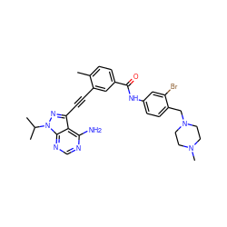 Cc1ccc(C(=O)Nc2ccc(CN3CCN(C)CC3)c(Br)c2)cc1C#Cc1nn(C(C)C)c2ncnc(N)c12 ZINC000299869176