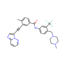 Cc1ccc(C(=O)Nc2ccc(CN3CCN(C)CC3)c(C(F)(F)F)c2)cc1C#Cc1cnc2cccnn12 ZINC000036701290