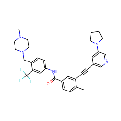 Cc1ccc(C(=O)Nc2ccc(CN3CCN(C)CC3)c(C(F)(F)F)c2)cc1C#Cc1cncc(N2CCCC2)c1 ZINC000222139816