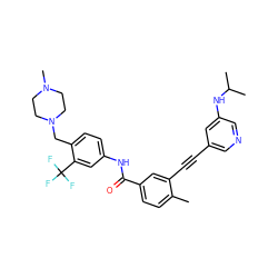 Cc1ccc(C(=O)Nc2ccc(CN3CCN(C)CC3)c(C(F)(F)F)c2)cc1C#Cc1cncc(NC(C)C)c1 ZINC001772623536