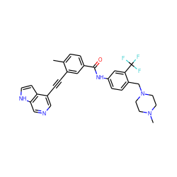 Cc1ccc(C(=O)Nc2ccc(CN3CCN(C)CC3)c(C(F)(F)F)c2)cc1C#Cc1cncc2[nH]ccc12 ZINC000222175489