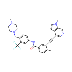 Cc1ccc(C(=O)Nc2ccc(CN3CCN(C)CC3)c(C(F)(F)F)c2)cc1C#Cc1cncc2c1ccn2C ZINC000222175251