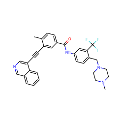 Cc1ccc(C(=O)Nc2ccc(CN3CCN(C)CC3)c(C(F)(F)F)c2)cc1C#Cc1cncc2ccccc12 ZINC000220109908