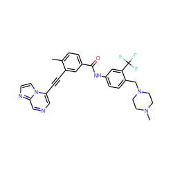 Cc1ccc(C(=O)Nc2ccc(CN3CCN(C)CC3)c(C(F)(F)F)c2)cc1C#Cc1cncc2nccn12 ZINC000095583928