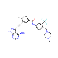 Cc1ccc(C(=O)Nc2ccc(CN3CCN(C)CC3)c(C(F)(F)F)c2)cc1C#Cc1nn(C)c2ncnc(N)c12 ZINC000299851773