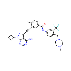 Cc1ccc(C(=O)Nc2ccc(CN3CCN(C)CC3)c(C(F)(F)F)c2)cc1C#Cc1nn(C2CCC2)c2ncnc(N)c12 ZINC000299850916