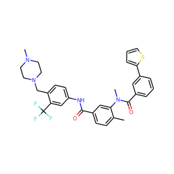 Cc1ccc(C(=O)Nc2ccc(CN3CCN(C)CC3)c(C(F)(F)F)c2)cc1N(C)C(=O)c1cccc(-c2cccs2)c1 ZINC001772624994