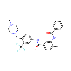 Cc1ccc(C(=O)Nc2ccc(CN3CCN(C)CC3)c(C(F)(F)F)c2)cc1NC(=O)c1ccccc1 ZINC000169311234